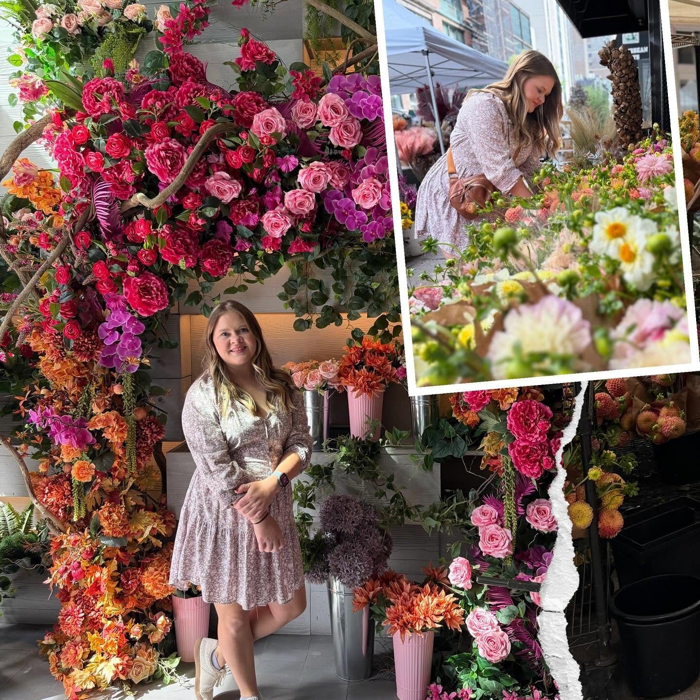 Sinikka, owner of Blue Creek Floral, beside a floral installation